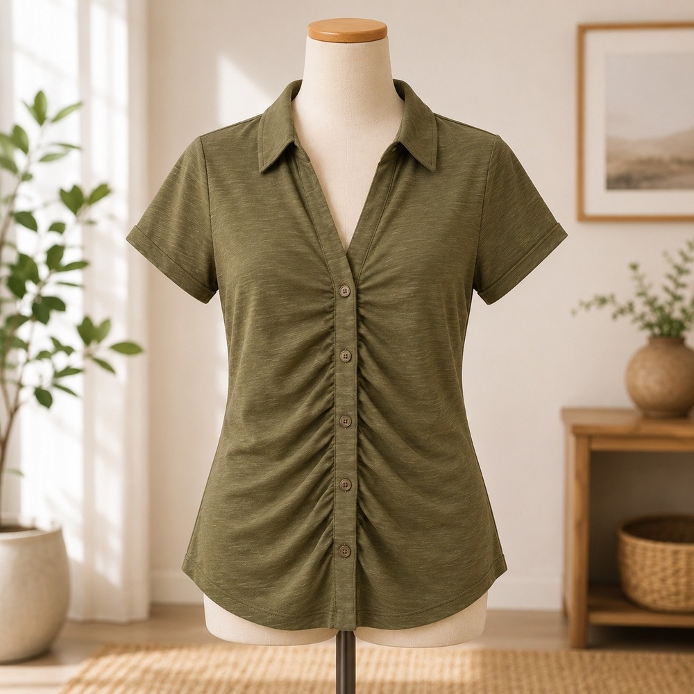 Sanctuary  Ruched Button Front Short Sleeve Top Olive Green XT3403G7 Size‎ M